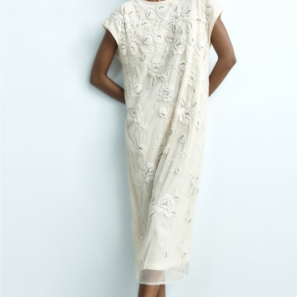 Zara beaded embroidered cream ivory midi dress Sz M